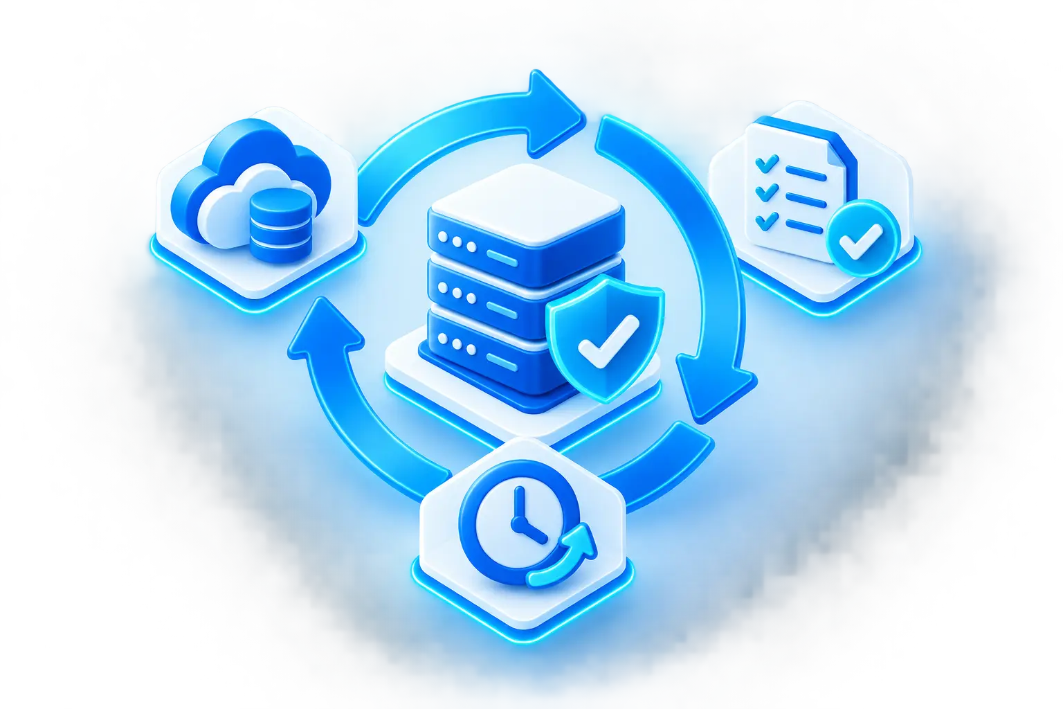 Illustration of stacked servers with a circular restore arrow, representing backup and business continuity