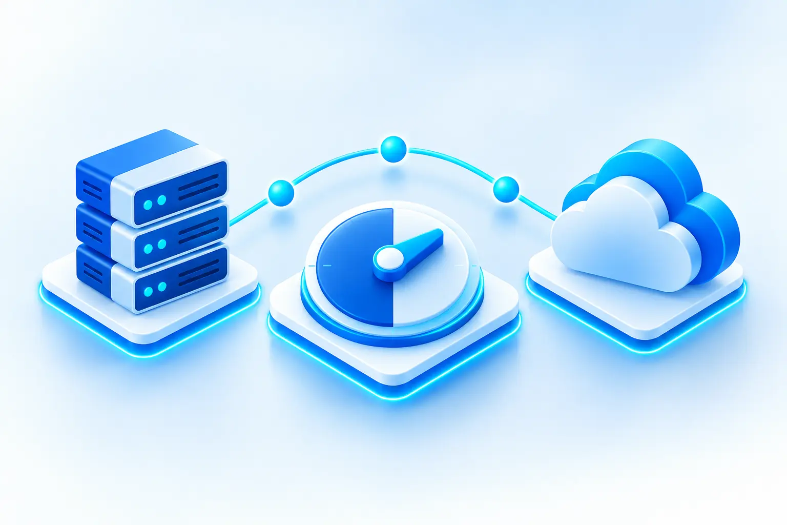 Illustration of servers with an upward arrow moving toward a cloud icon, representing cloud migration